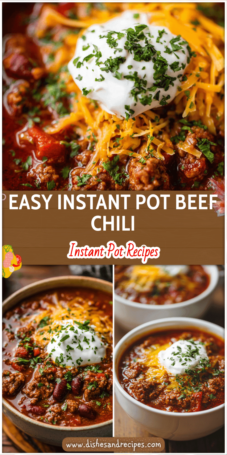 Bowl of Instant Pot Beef Chili topped with sour cream, cheese, and herbs.